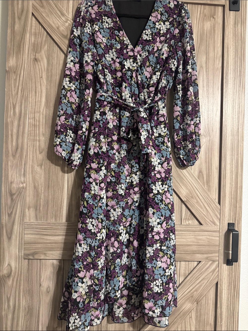Purple Floral Wrap Midi Dress with Belt